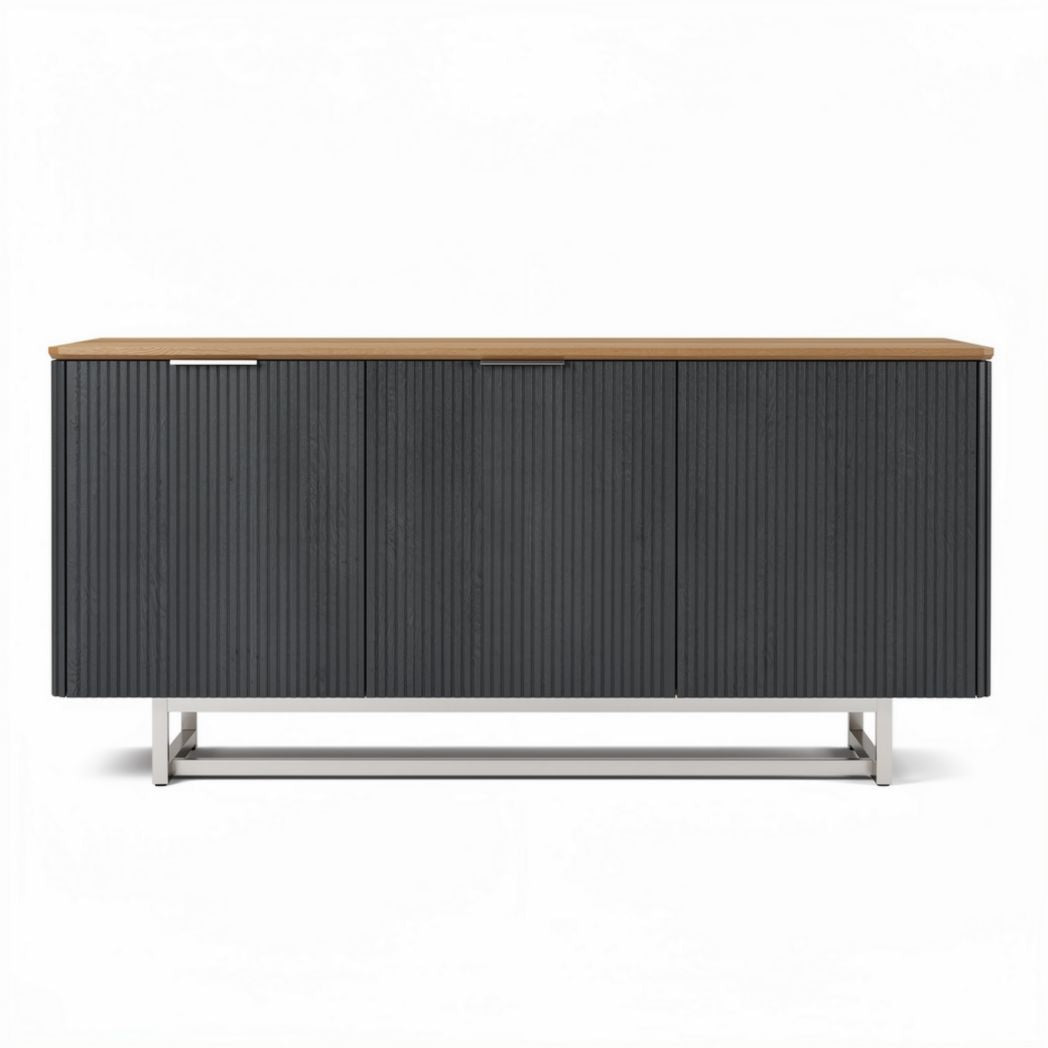 Modern sideboard cabinet with ribbed texture and wooden top 150 x 45 x 75cm