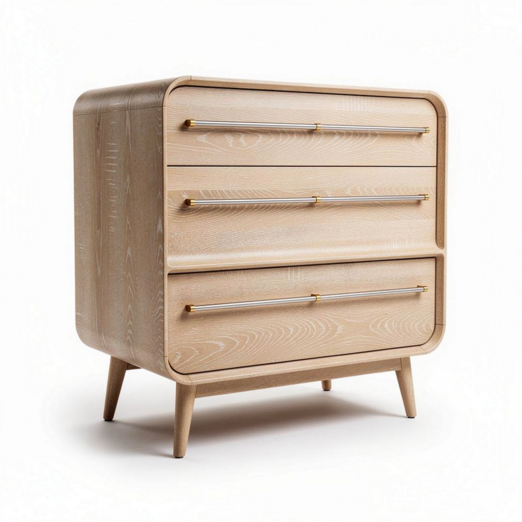 Wooden chest of drawers with three storage compartments in natural finish
