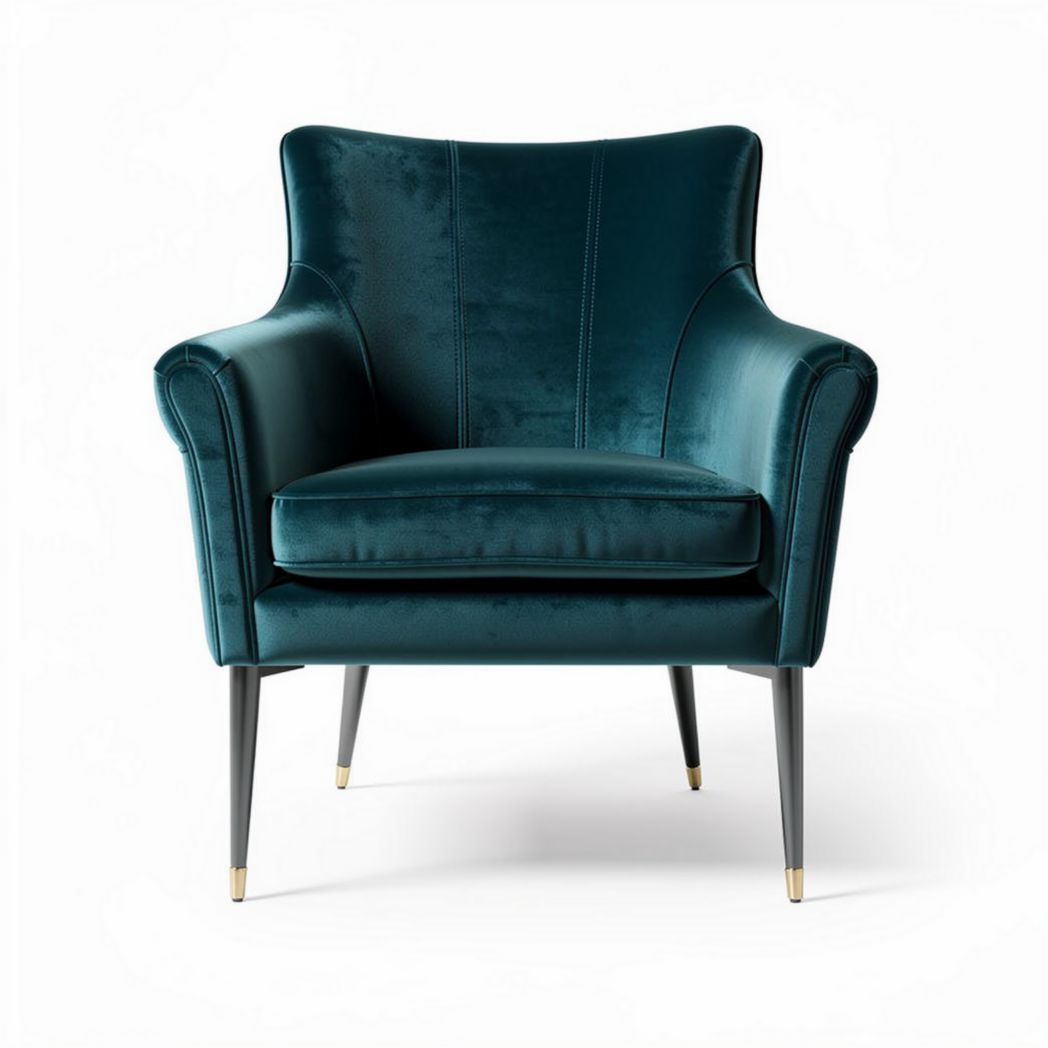 Sofa chair in teal velvet with metal legs measuring 70 x 80 x 85cm