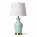 Ceramic table lamp with geometric patterned shade in mint green 25 x 25 x 50cm
