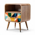 Wooden nightstand with colorful geometric drawer design and open shelf 45 x 40 x 60cm