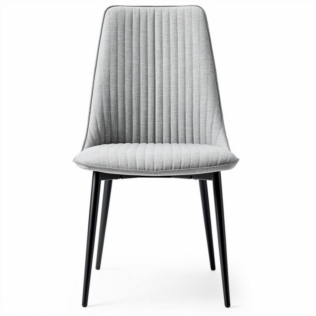 Upholstered dining chair with ribbed design in light gray fabric and black legs 45 x 50 x 85cm