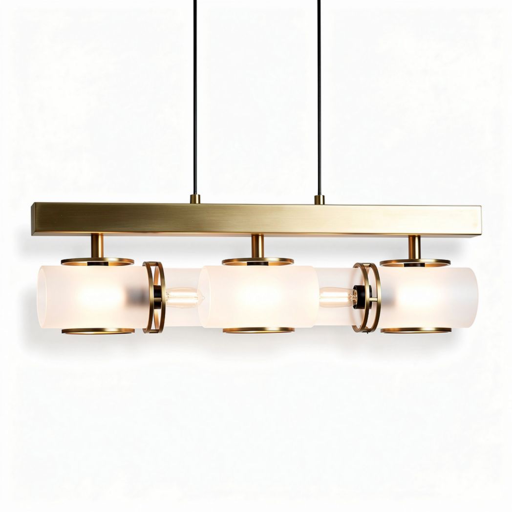 Modern three-light pendant lamp in brushed brass finish with frosted glass shades 40 x 15 x 12cm
