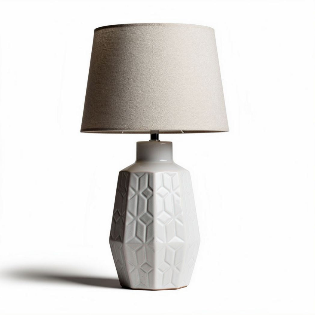 Ceramic table lamp with geometric design and fabric shade 30 x 30 x 60cm