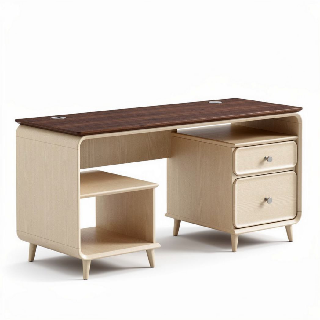 Wooden desk with storage drawers and open shelves 120 x 60 x 75cm beige and brown