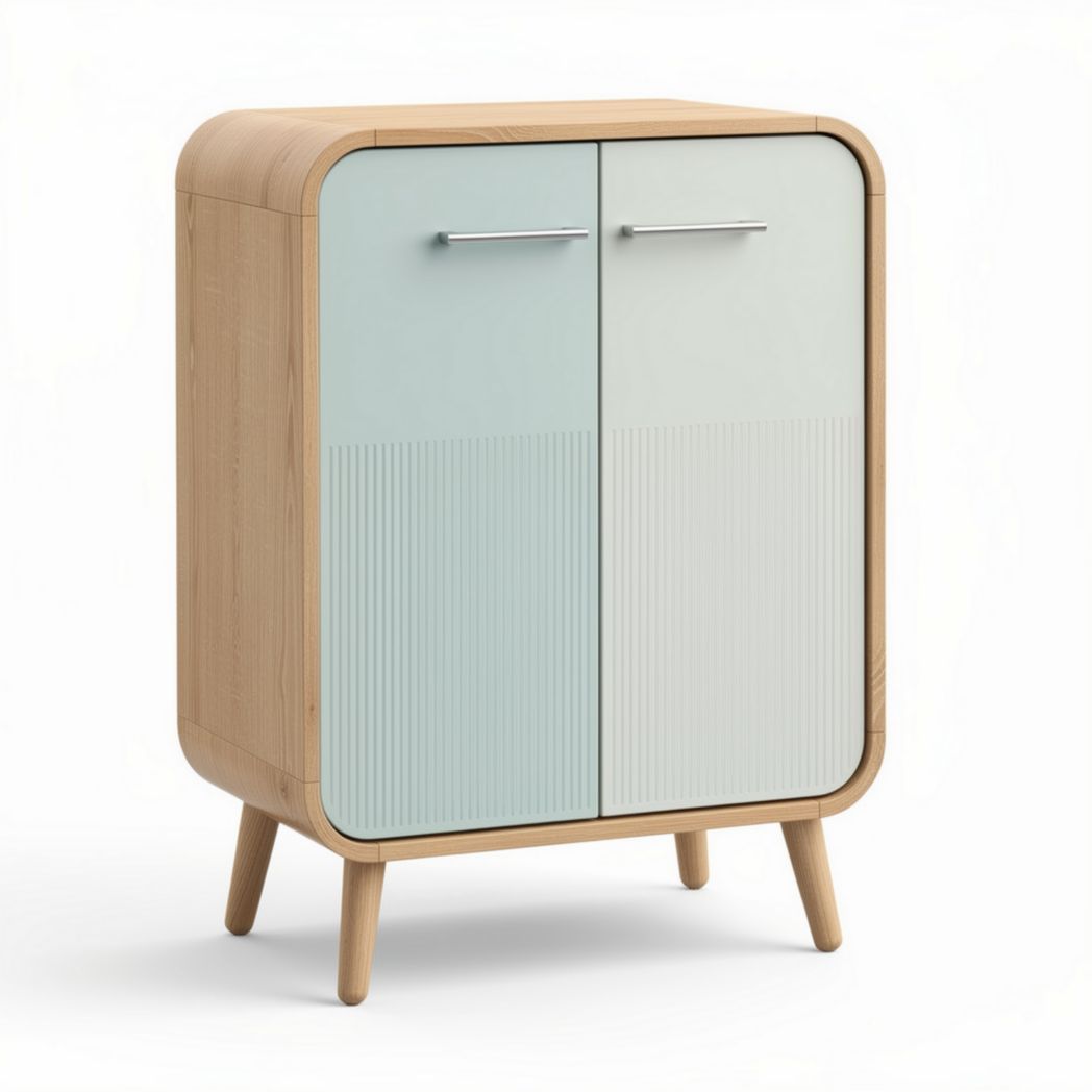 Wooden cabinet with two doors in mint green and natural finish 80 x 70 x 40cm